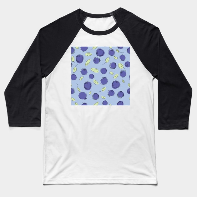 Blueberries and leaves on blue background Baseball T-Shirt by MegMarchiando
